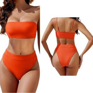 🆕High Waisted Two-Piece Bandeau Bikini – Rust Red, Size Medium (NWT)
